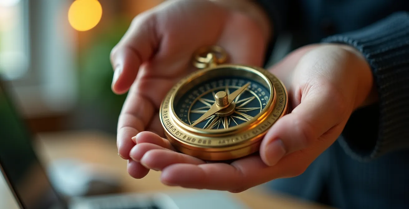 Mains tenant une boussole dorée symbolisant la navigation stratégique