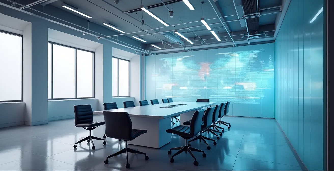 Espace de travail moderne avec tableaux analytiques projetés sur mur de verre
